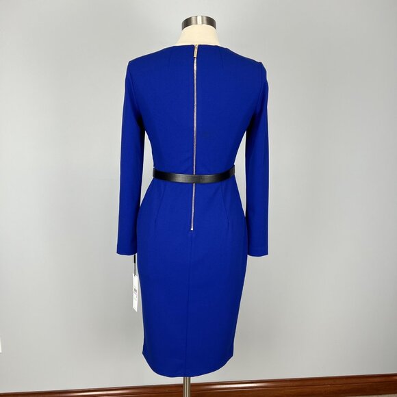 Calvin Klein Womens Blue Long Sleeve Sheath Dress Belted Keyhole Neck size 6 - Picture 6 of 12